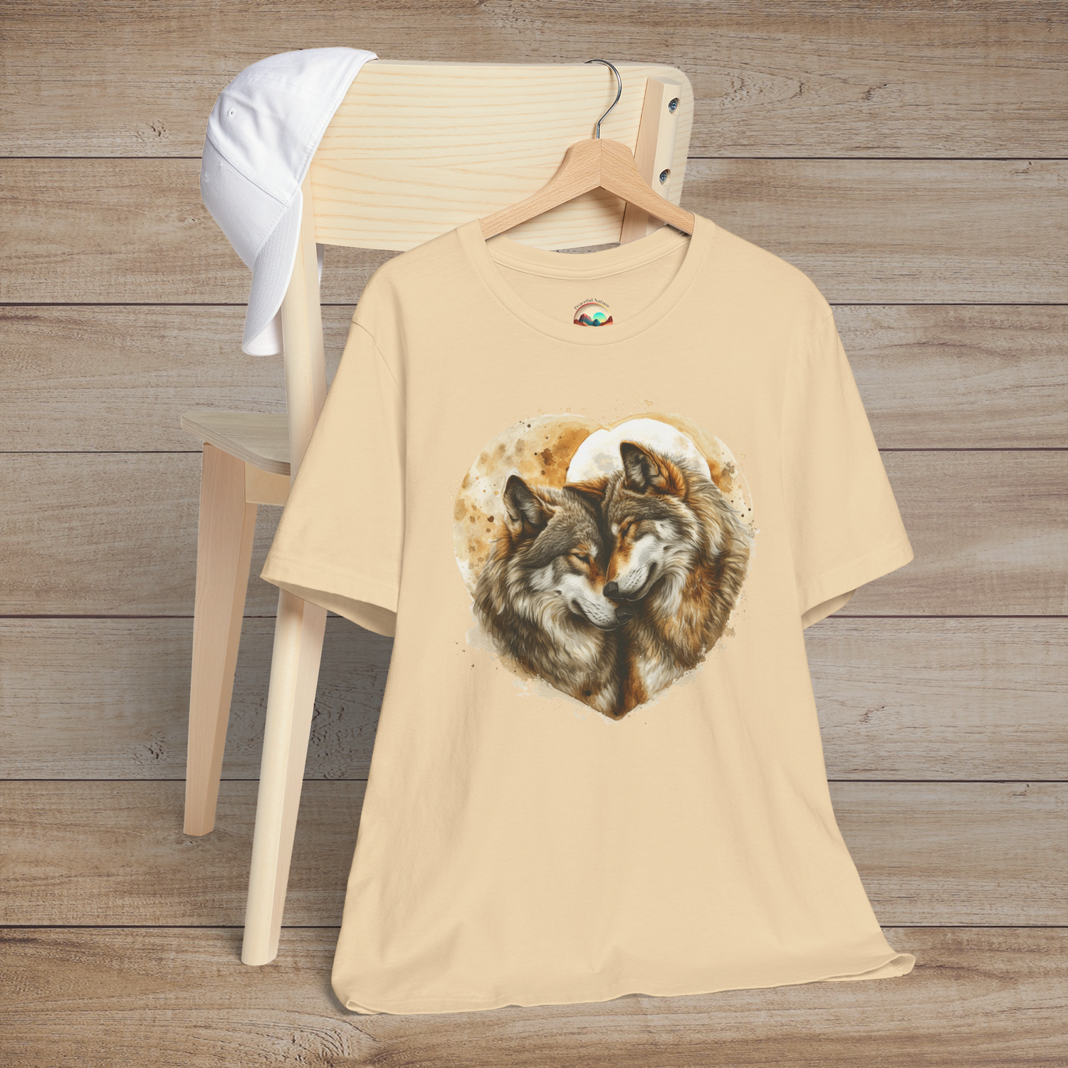 Soft cream t-shirt with realistic heart-shaped illustration of two wolves gently nuzzling in a loving embrace