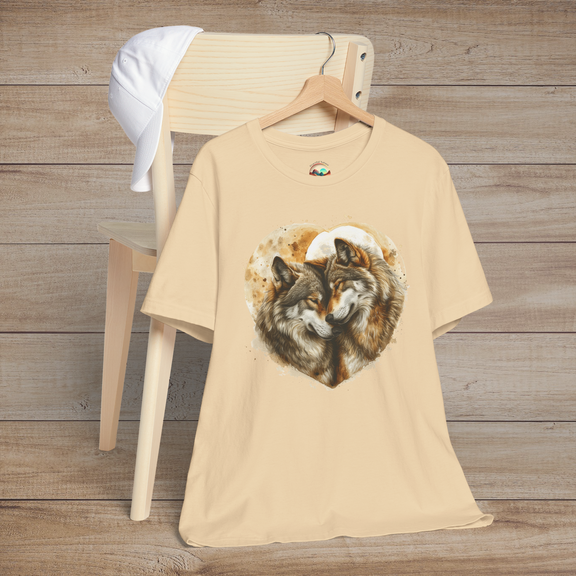Soft cream t-shirt with realistic heart-shaped illustration of two wolves gently nuzzling in a loving embrace
