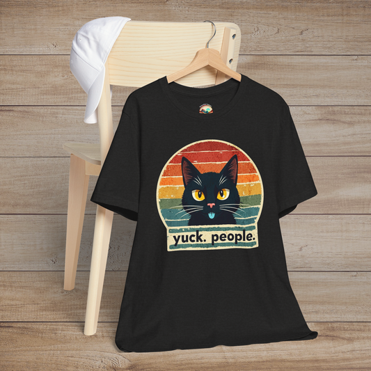 The "Yuck. People." Retro Cat T-Shirt – For the Socially Selective & Cat-Obsessed Black Heather